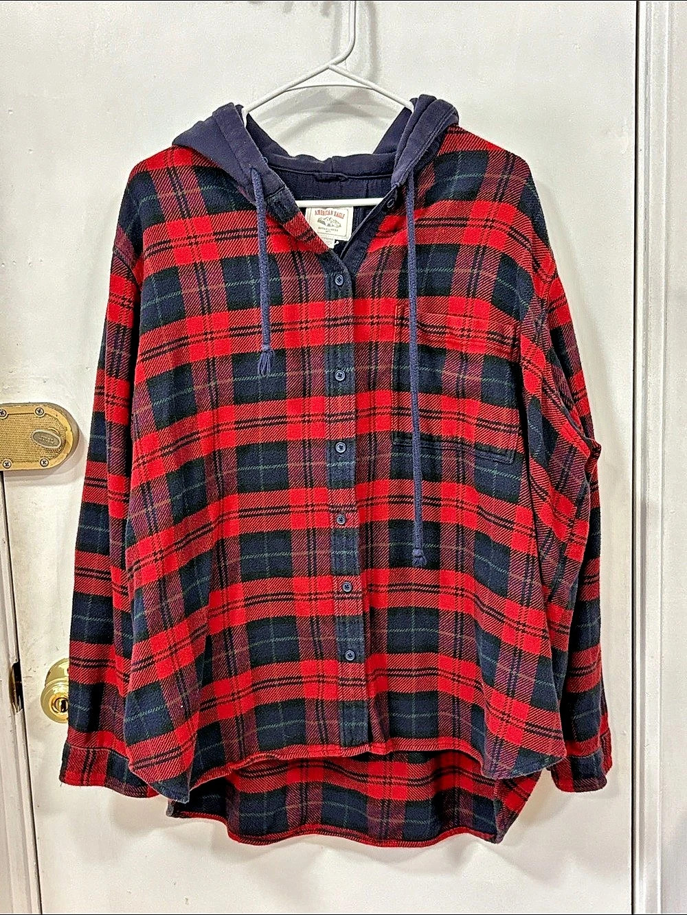 American Eagle AE Hooded Flannel Shirt Men's Plaid Hooded Shirt XXL